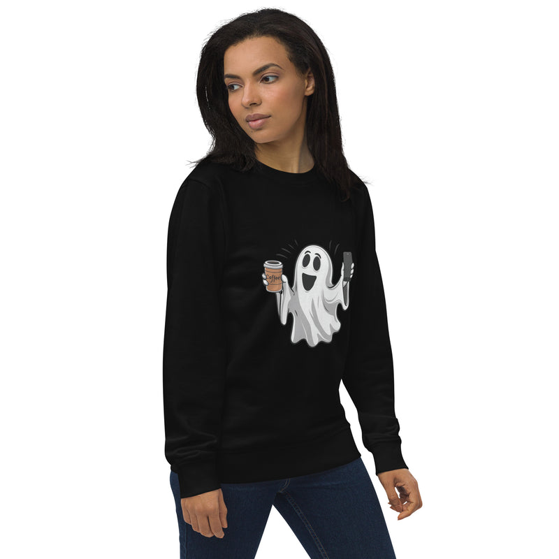 Ghost with Coffee Halloween Graphic Women Organic Sweatshirt