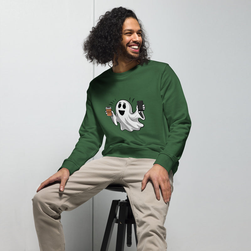 Ghost with Coffee Halloween Graphic Men Organic Sweatshirt