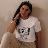 Ghost with Coffee Halloween Graphic Women Staple Eco T-shirt